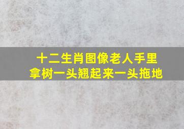 十二生肖图像老人手里拿树一头翘起来一头拖地